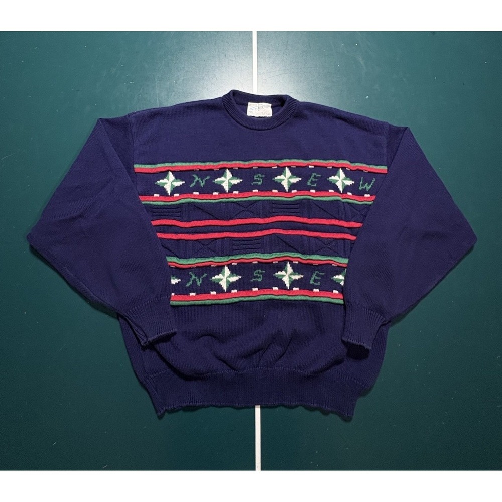 Vintage Lord Jeff Chunky Knit Sweater Men's XL Nautical Compass Sailing‎ USA 80s